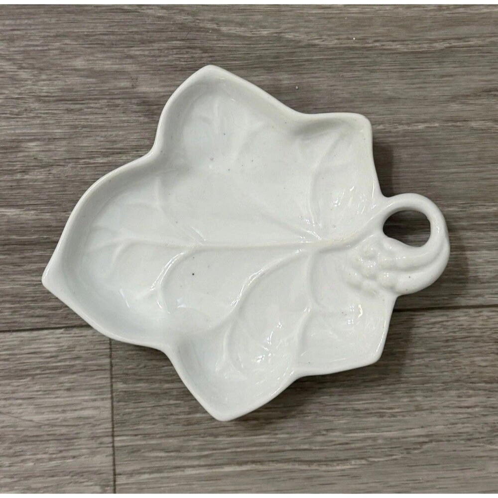 Vintage 1987 Lillian Vernon 67 Grape Leaf shape Trinket Plate White Porcelain